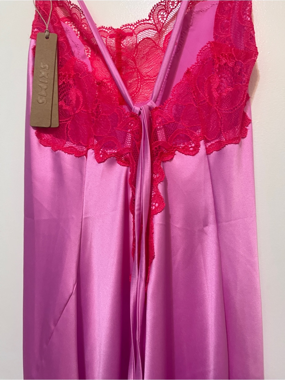 SKIMS Stretch Satin Lace Long Neon Orchid Pink Dress - Picture 7 of 9